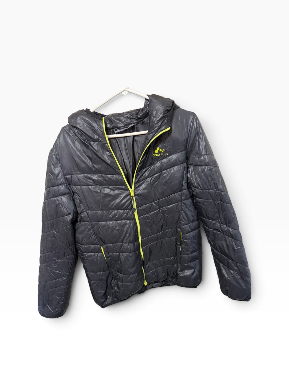 Mens/ Boys Lightweight Hooded Puffer Jacket - Gray with Lime Trim